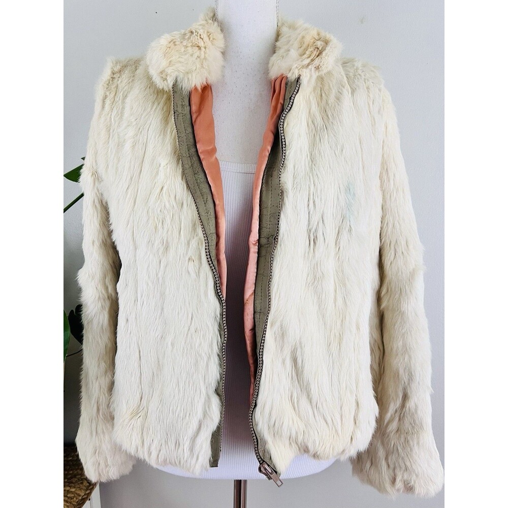 Vintage White 100% Genuine Rabbit Fur Jacket Coat Satin Lined Glam Size Sm /Med